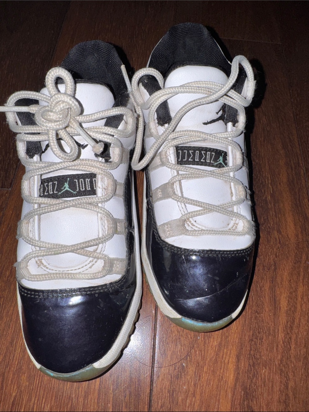 Jordan 11 Kids Black, White & Light Green Retro Basketball Sneakers